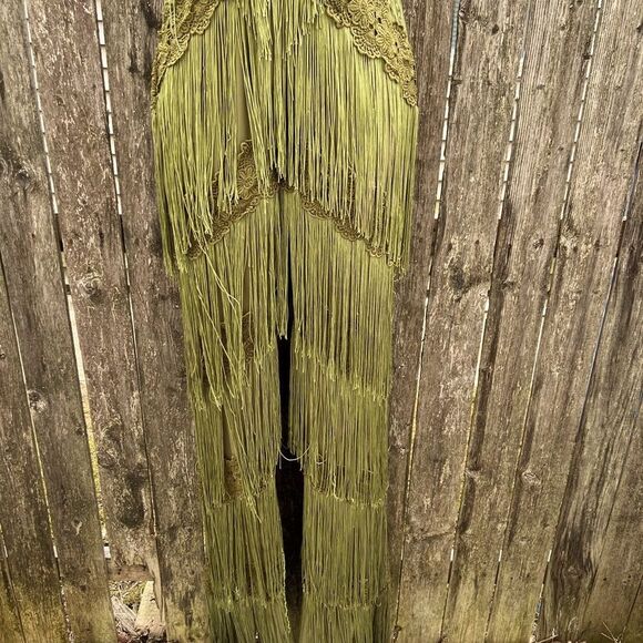 🍄MissOrd Olive Green Fringe Tassel Jumpsuit Lace Size L (AA1) - Picture 7 of 13